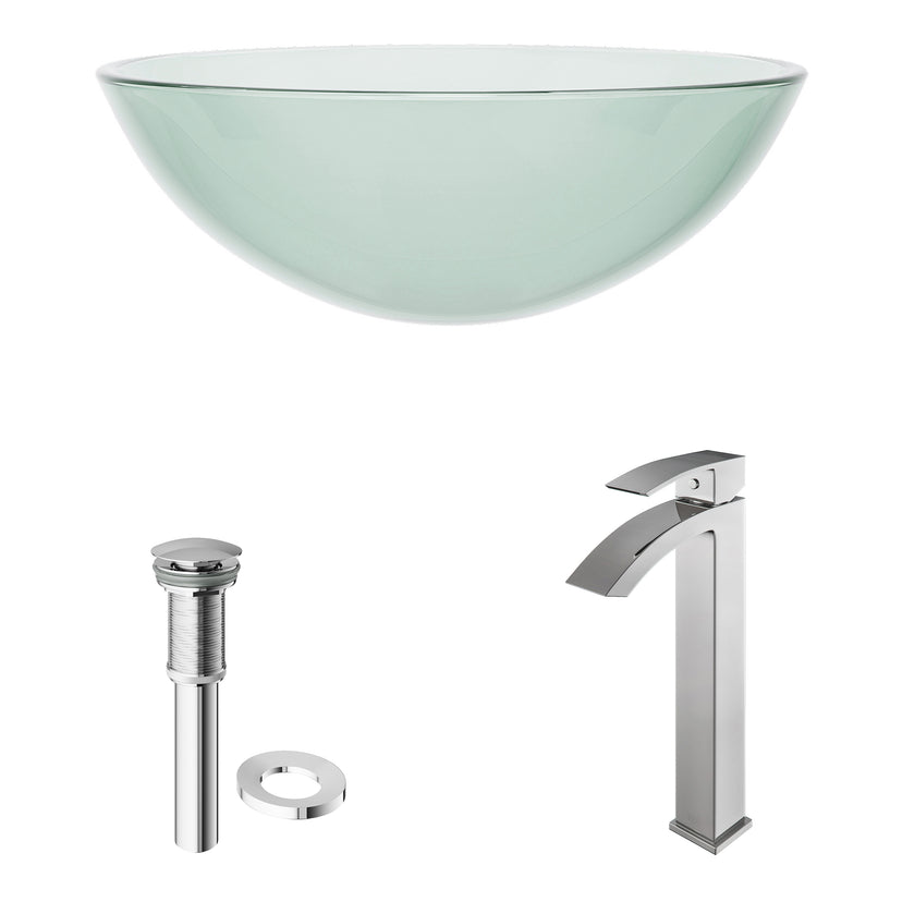 Glass Round Vessel Bathroom Sink in Iridescent with Duris Faucet and Pop-Up Drain in Chrome