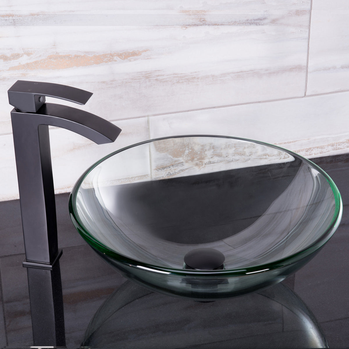 Glass Round Vessel Bathroom Sink in Iridescent with Duris Faucet and Pop-Up Drain in Matte Black