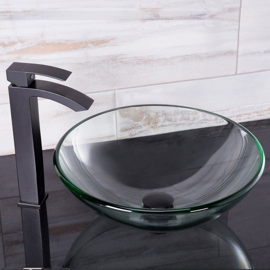 Glass Round Vessel Bathroom Sink in Iridescent with Duris Faucet and Pop-Up Drain in Matte Black