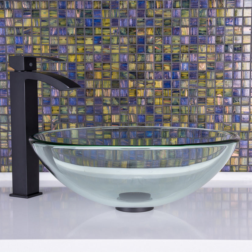 Glass Round Vessel Bathroom Sink in Iridescent with Duris Faucet and Pop-Up Drain in Matte Black