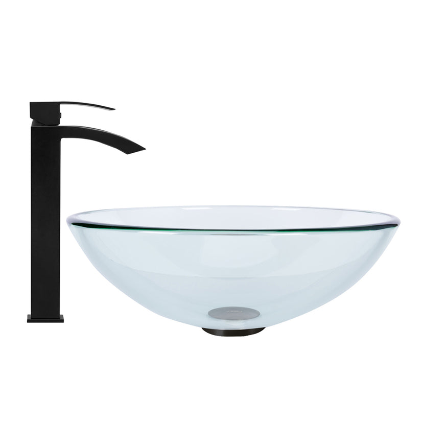 Glass Round Vessel Bathroom Sink in Iridescent with Duris Faucet and Pop-Up Drain in Matte Black