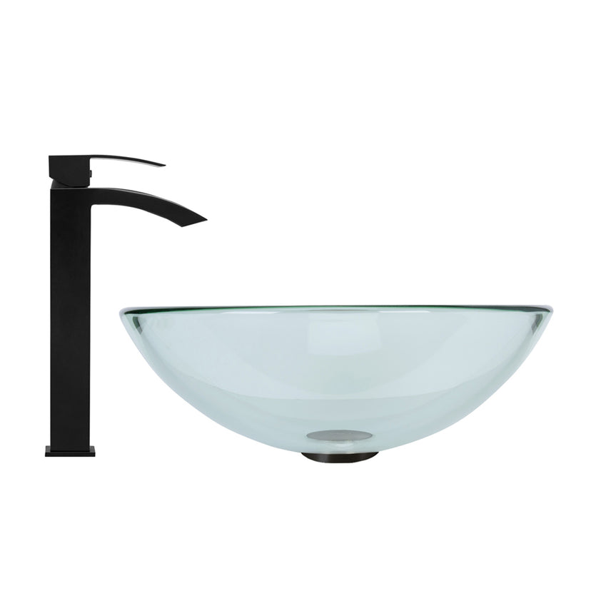 Glass Round Vessel Bathroom Sink in Iridescent with Duris Faucet and Pop-Up Drain in Matte Black