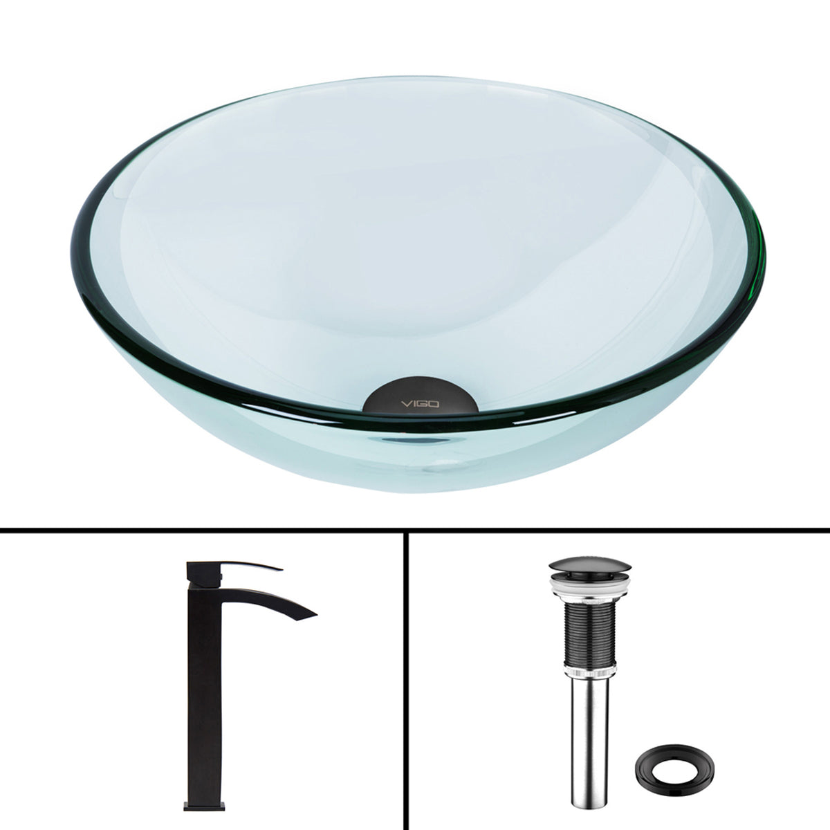 Glass Round Vessel Bathroom Sink in Iridescent with Duris Faucet and Pop-Up Drain in Matte Black
