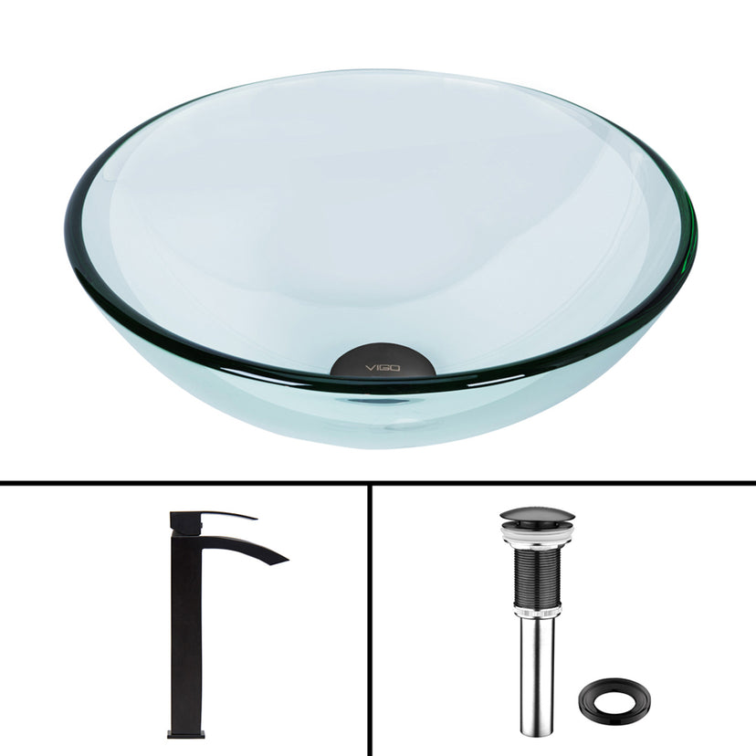 Glass Round Vessel Bathroom Sink in Iridescent with Duris Faucet and Pop-Up Drain in Matte Black