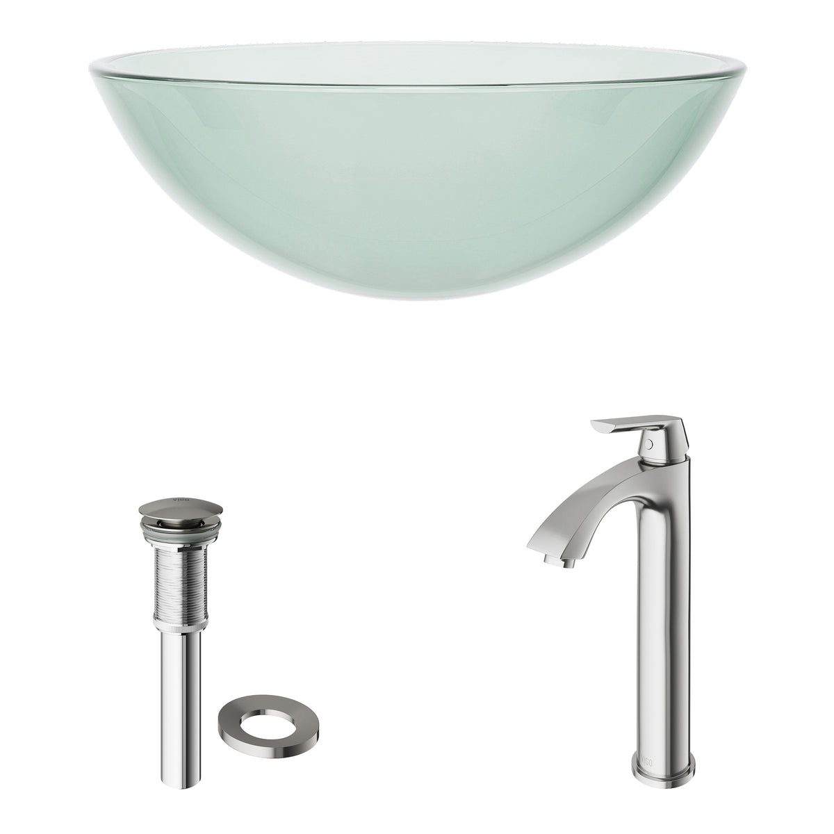 Glass Round Vessel Bathroom Sink in Iridescent with Linus Faucet and Pop-Up Drain in Brushed Nickel