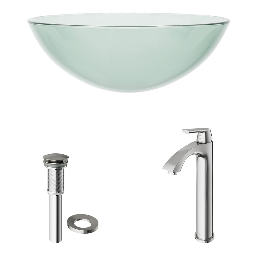Glass Round Vessel Bathroom Sink in Iridescent with Linus Faucet and Pop-Up Drain in Brushed Nickel