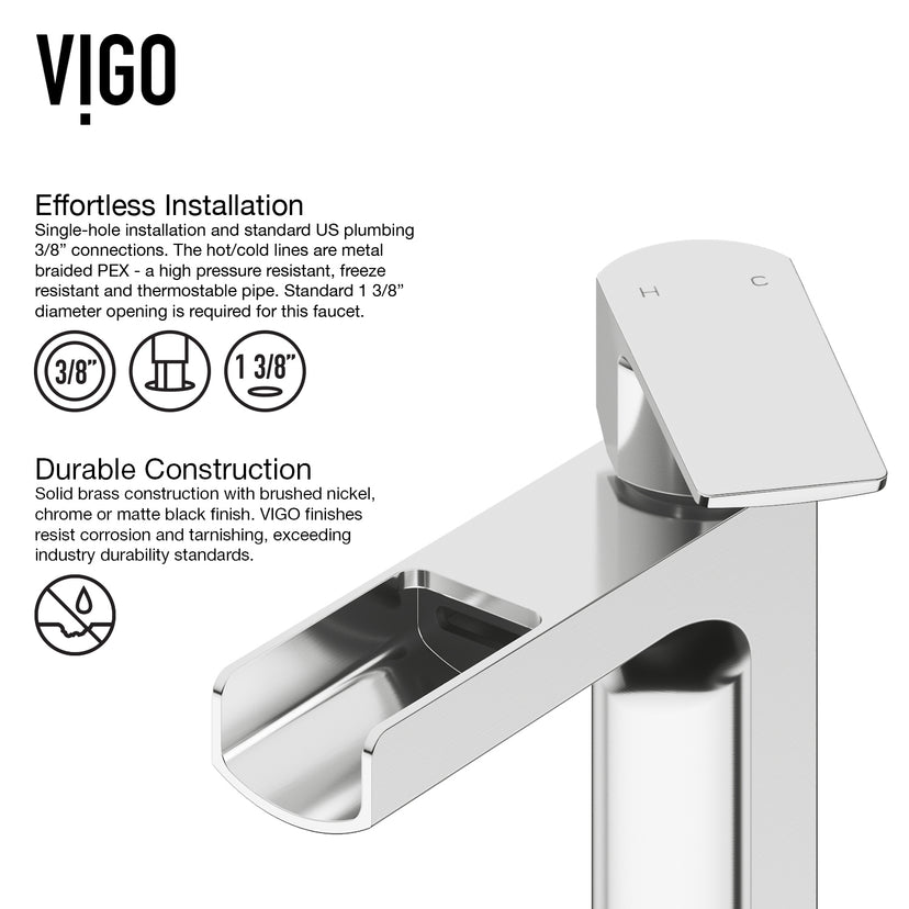 Matte Stone Hibiscus Composite Square Vessel Bathroom Sink in White with Amada Faucet and Pop-Up Drain in Chrome