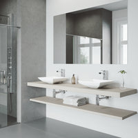 Matte Stone Hibiscus Composite Square Vessel Bathroom Sink in White with Amada Faucet and Pop-Up Drain in Chrome
