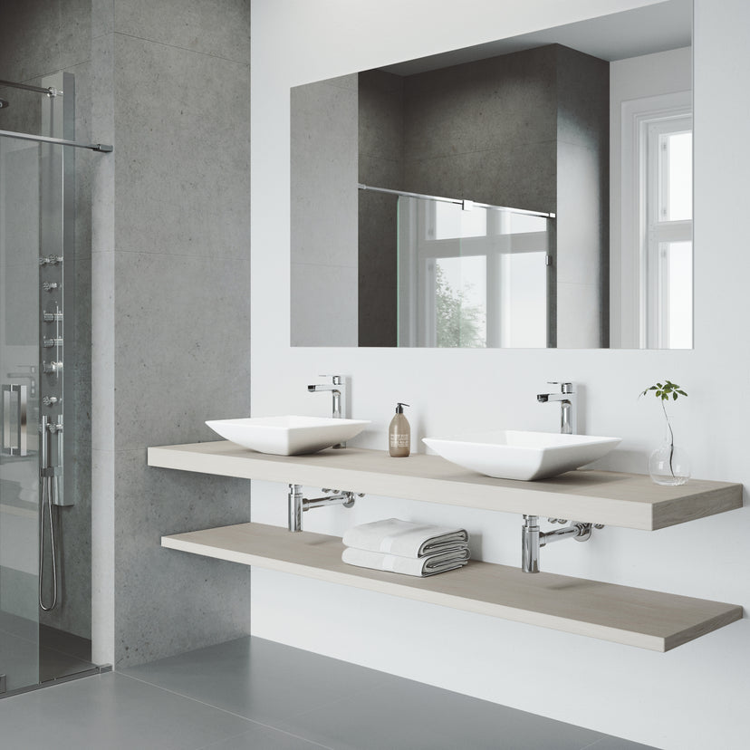 Matte Stone Hibiscus Composite Square Vessel Bathroom Sink in White with Amada Faucet and Pop-Up Drain in Chrome