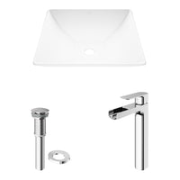 Matte Stone Hibiscus Composite Square Vessel Bathroom Sink in White with Amada Faucet and Pop-Up Drain in Chrome