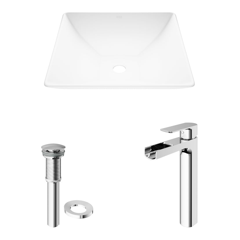 Matte Stone Hibiscus Composite Square Vessel Bathroom Sink in White with Amada Faucet and Pop-Up Drain in Chrome