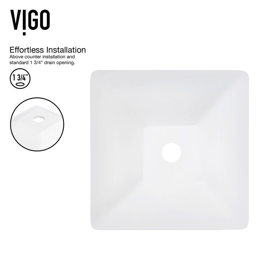 Matte Stone Hibiscus Composite Square Vessel Bathroom Sink in White with Amada Faucet and Pop-Up Drain in Chrome