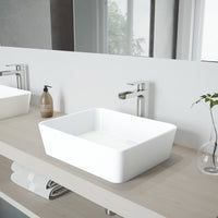 Matte Stone Marigold Composite Rectangular Vessel Bathroom Sink in White with Faucet and Pop-Up Drain in Brushed Nickel