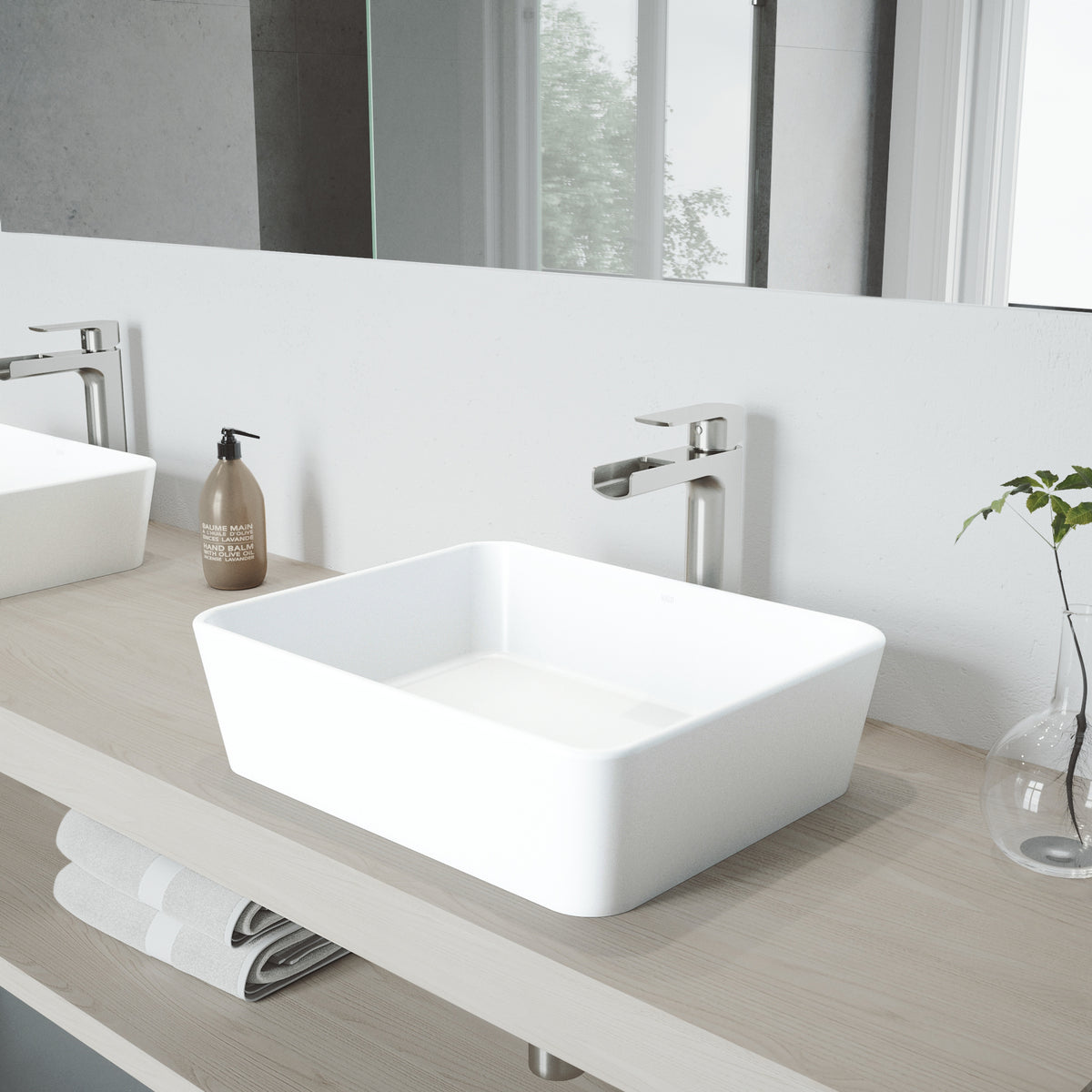 Matte Stone Marigold Composite Rectangular Vessel Bathroom Sink in White with Faucet and Pop-Up Drain in Brushed Nickel