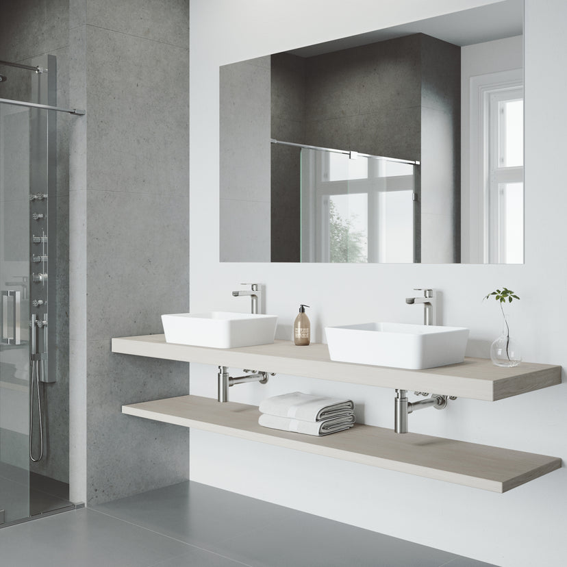 Matte Stone Marigold Composite Rectangular Vessel Bathroom Sink in White with Faucet and Pop-Up Drain in Brushed Nickel