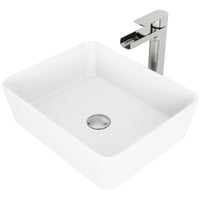 Matte Stone Marigold Composite Rectangular Vessel Bathroom Sink in White with Faucet and Pop-Up Drain in Brushed Nickel