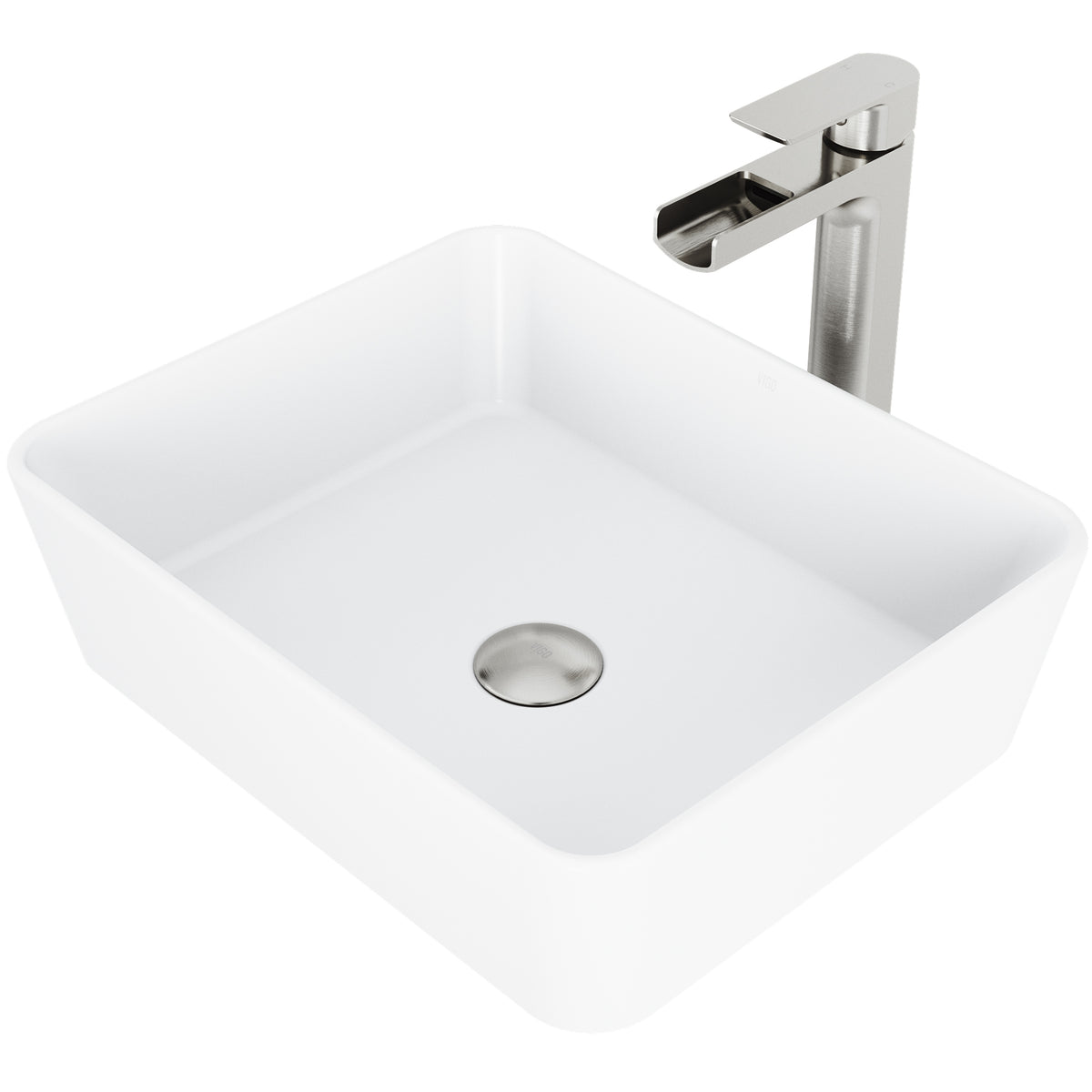 Matte Stone Marigold Composite Rectangular Vessel Bathroom Sink in White with Faucet and Pop-Up Drain in Brushed Nickel