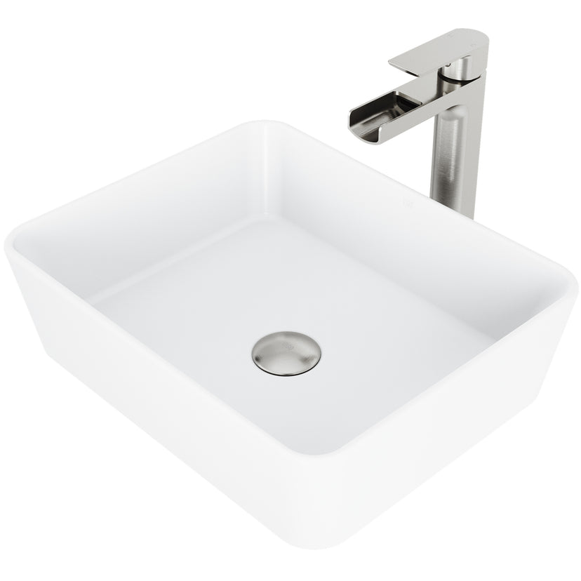 Matte Stone Marigold Composite Rectangular Vessel Bathroom Sink in White with Faucet and Pop-Up Drain in Brushed Nickel