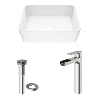 Matte Stone Marigold Composite Rectangular Vessel Bathroom Sink in White with Faucet and Pop-Up Drain in Brushed Nickel