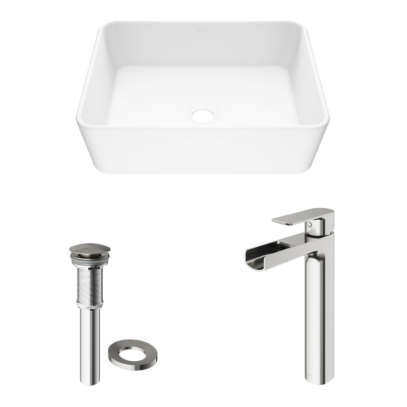 Matte Stone Marigold Composite Rectangular Vessel Bathroom Sink in White with Faucet and Pop-Up Drain in Brushed Nickel