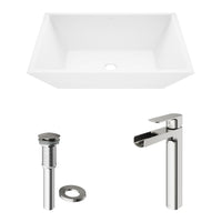 Matte Stone Vinca Composite Rectangular Vessel Bathroom Sink in White with Faucet and Pop-Up Drain in Brushed Nickel