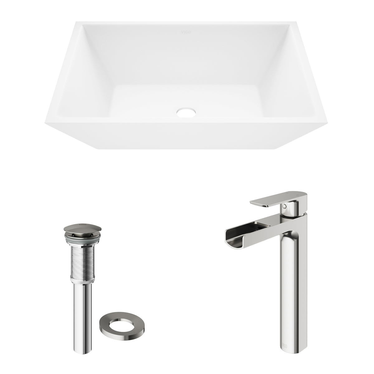 Matte Stone Vinca Composite Rectangular Vessel Bathroom Sink in White with Faucet and Pop-Up Drain in Brushed Nickel