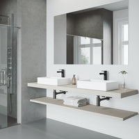 Matte Stone Magnolia Composite Rectangular Vessel Bathroom Sink in White with Faucet and Pop-Up Drain in Matte Black