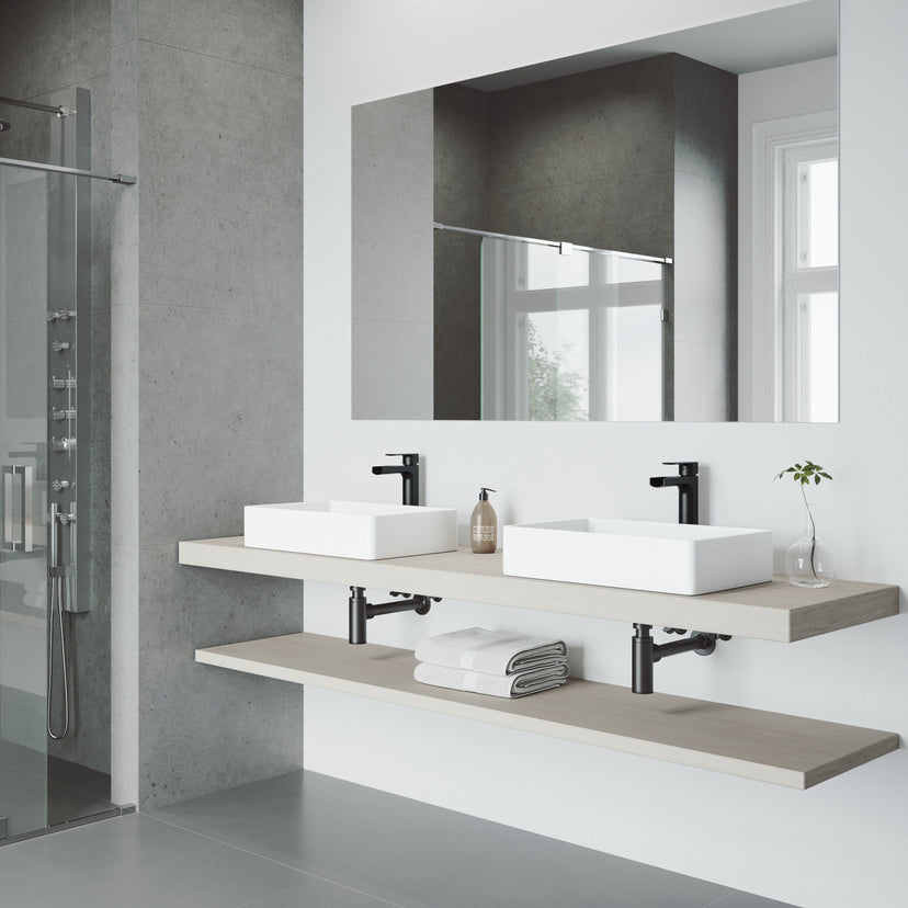 Matte Stone Magnolia Composite Rectangular Vessel Bathroom Sink in White with Faucet and Pop-Up Drain in Matte Black