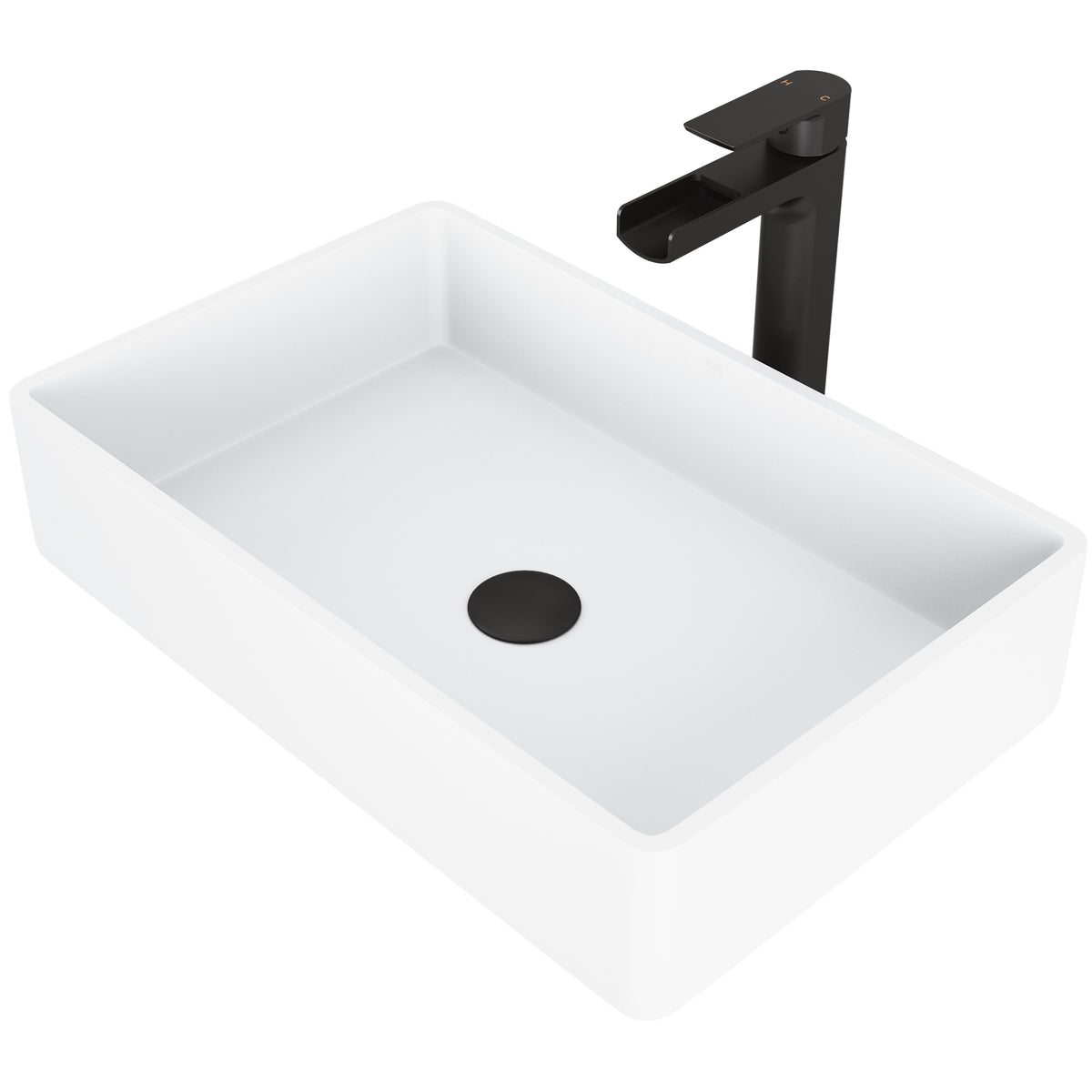 Matte Stone Magnolia Composite Rectangular Vessel Bathroom Sink in White with Faucet and Pop-Up Drain in Matte Black
