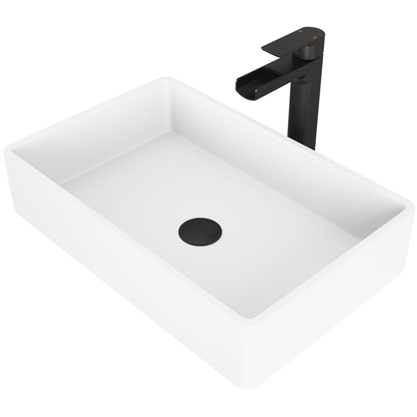 Matte Stone Magnolia Composite Rectangular Vessel Bathroom Sink in White with Faucet and Pop-Up Drain in Matte Black