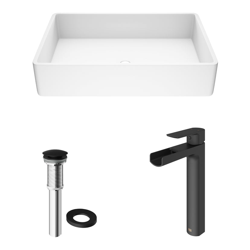 Matte Stone Magnolia Composite Rectangular Vessel Bathroom Sink in White with Faucet and Pop-Up Drain in Matte Black