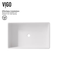 Matte Stone Magnolia Composite Rectangular Vessel Bathroom Sink in White with Faucet and Pop-Up Drain in Matte Black