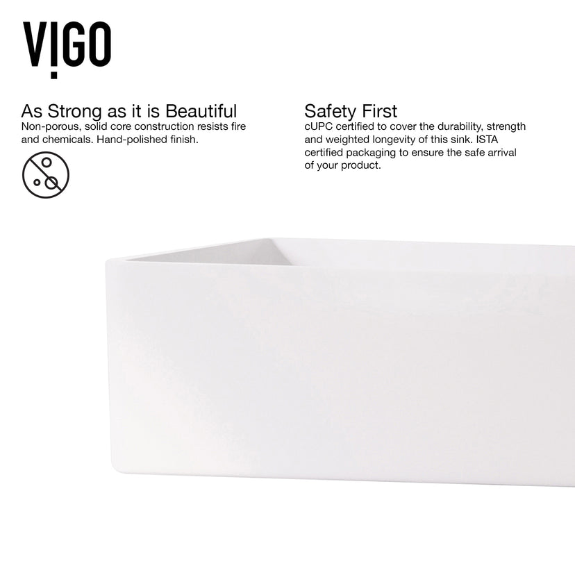 Matte Stone Magnolia Composite Rectangular Vessel Bathroom Sink in White with Faucet and Pop-Up Drain in Matte Black