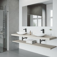 Matte Stone Wisteria Composite Oval Vessel Bathroom Sink in White with Amada Faucet and Pop-Up Drain in Matte Black