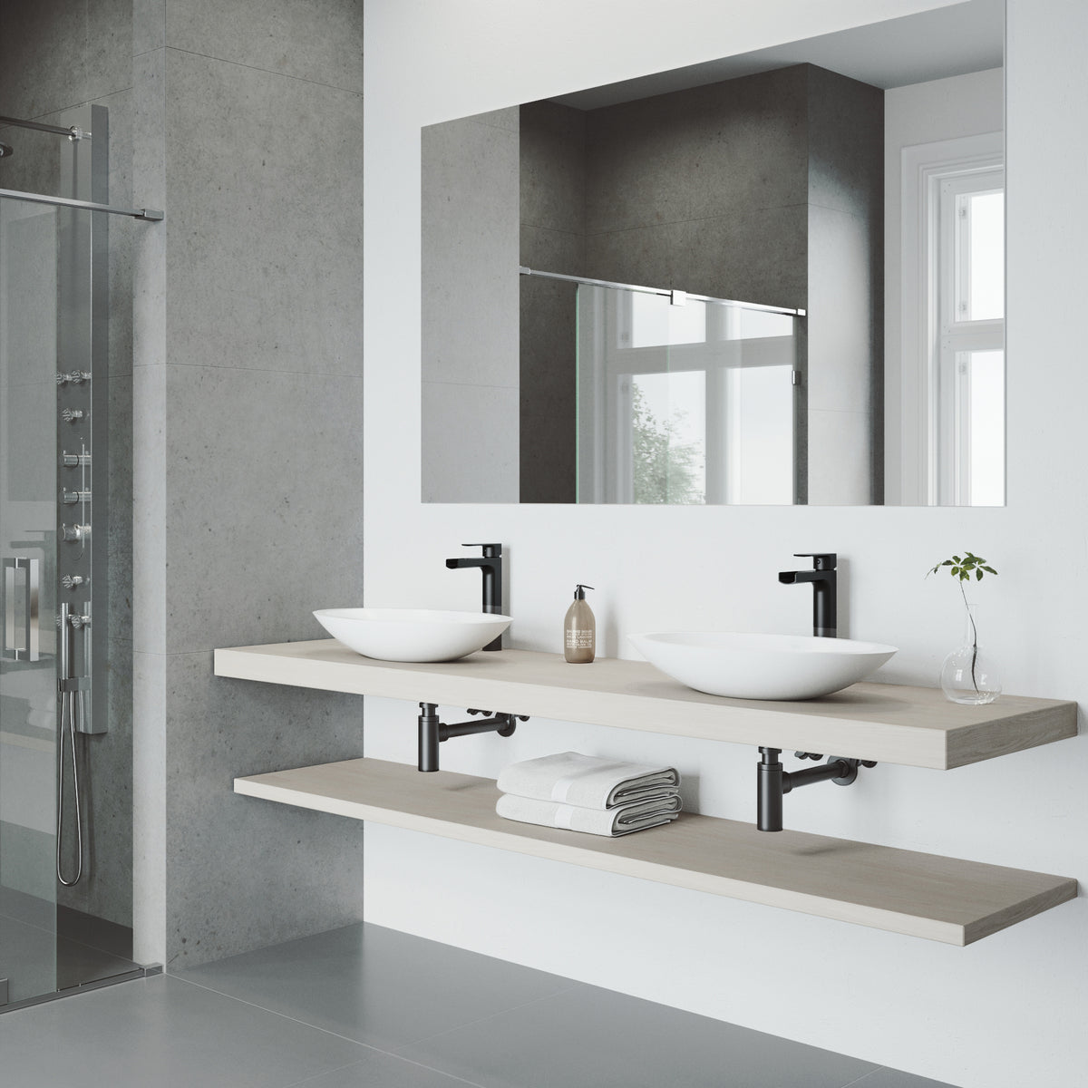 Matte Stone Wisteria Composite Oval Vessel Bathroom Sink in White with Amada Faucet and Pop-Up Drain in Matte Black