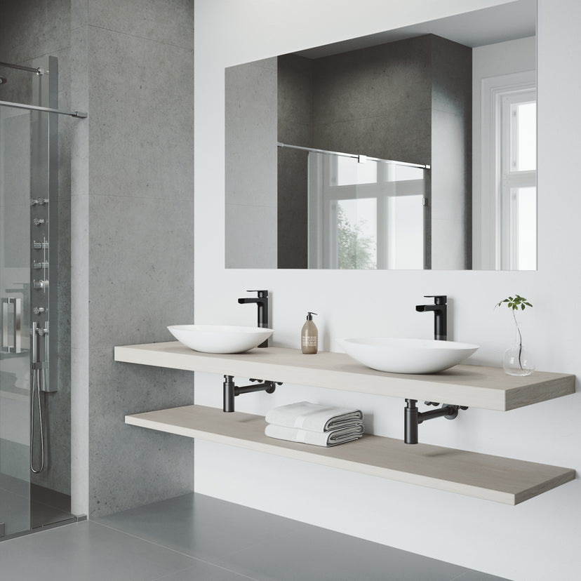 Matte Stone Wisteria Composite Oval Vessel Bathroom Sink in White with Amada Faucet and Pop-Up Drain in Matte Black