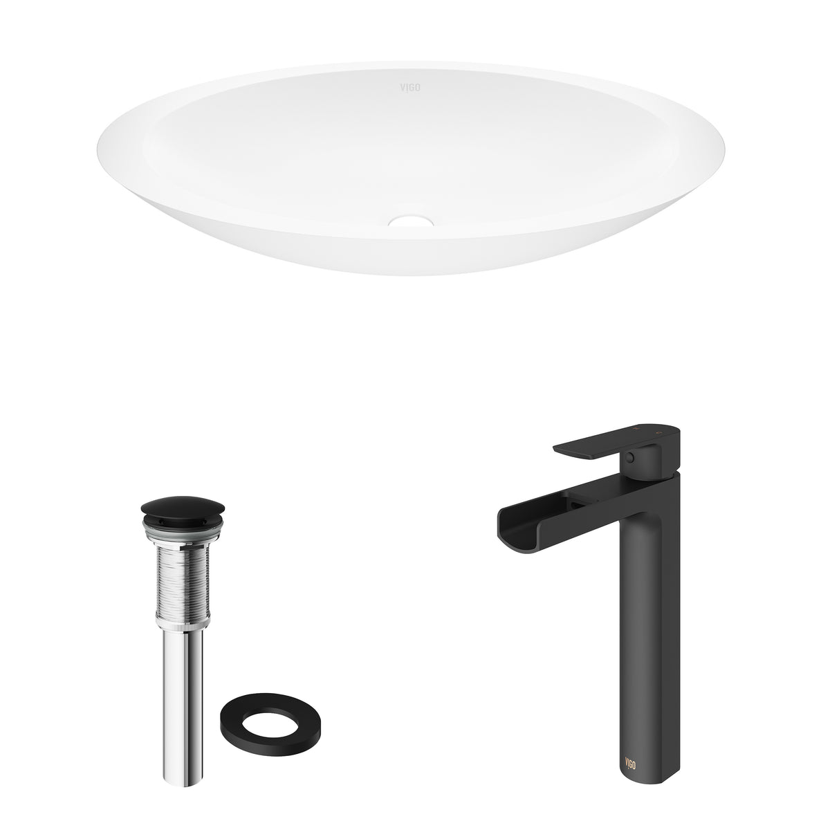 Matte Stone Wisteria Composite Oval Vessel Bathroom Sink in White with Amada Faucet and Pop-Up Drain in Matte Black