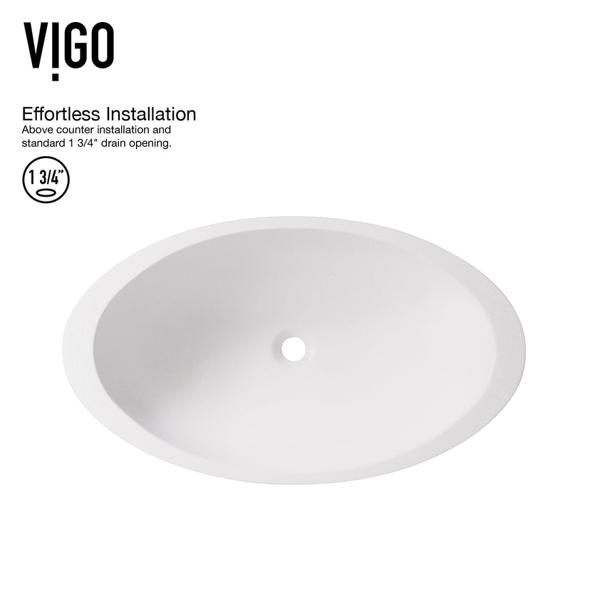 Matte Stone Wisteria Composite Oval Vessel Bathroom Sink in White with Amada Faucet and Pop-Up Drain in Matte Black