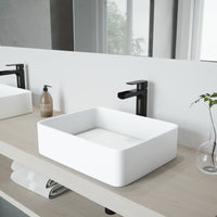 Matte Stone Jasmine Composite Rectangular Vessel Bathroom Sink in White with Faucet and Pop-Up Drain in Matte Black