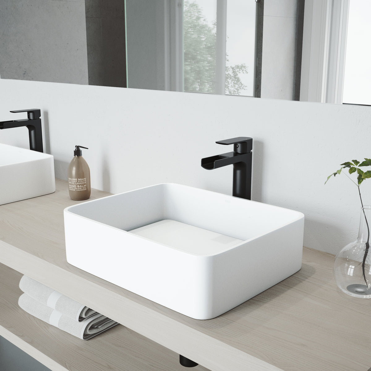 Matte Stone Jasmine Composite Rectangular Vessel Bathroom Sink in White with Faucet and Pop-Up Drain in Matte Black