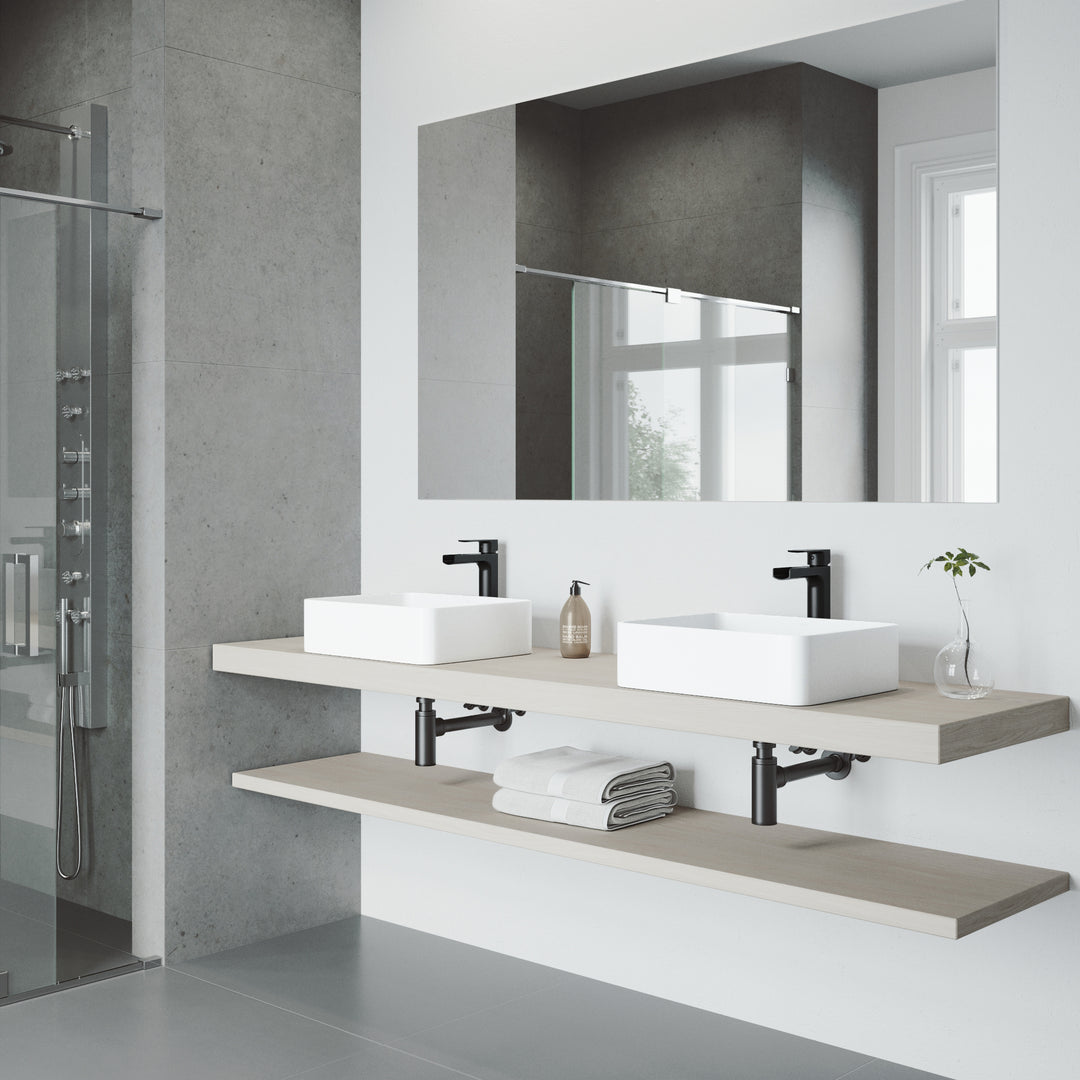 Matte Stone Jasmine Composite Rectangular Vessel Bathroom Sink in White with Faucet and Pop-Up Drain in Matte Black