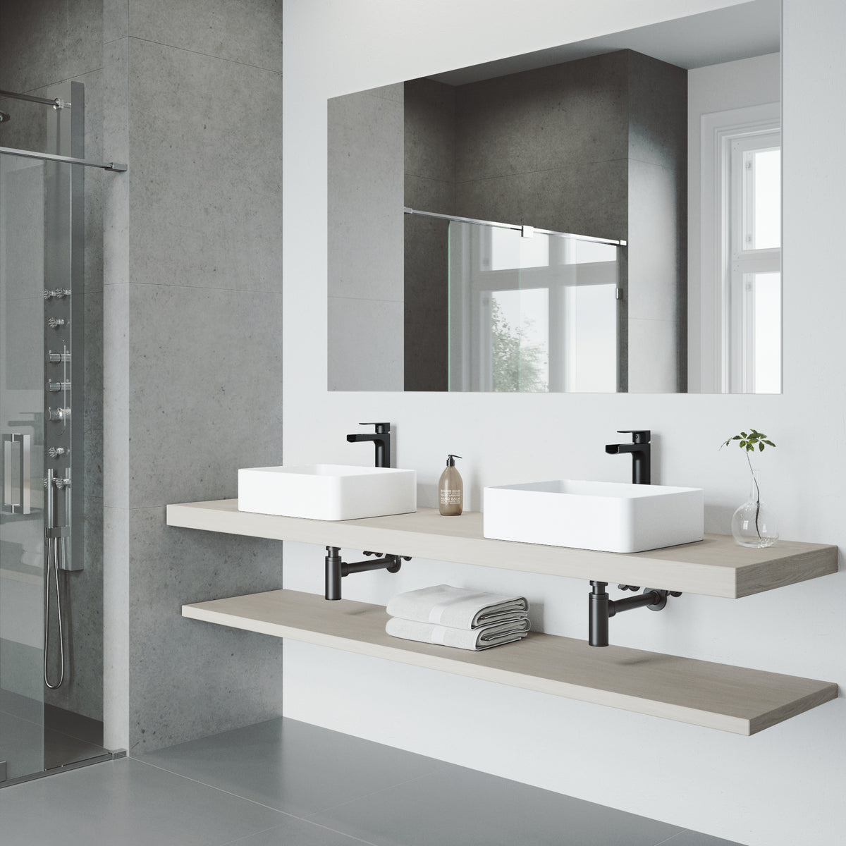 Matte Stone Jasmine Composite Rectangular Vessel Bathroom Sink in White with Faucet and Pop-Up Drain in Matte Black