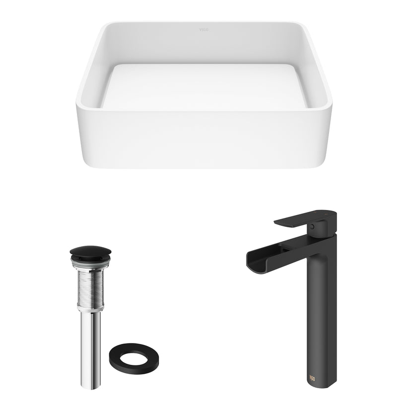 Matte Stone Jasmine Composite Rectangular Vessel Bathroom Sink in White with Faucet and Pop-Up Drain in Matte Black