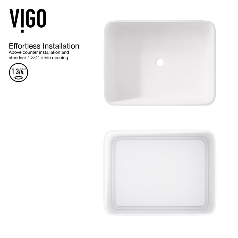 Matte Stone Jasmine Composite Rectangular Vessel Bathroom Sink in White with Faucet and Pop-Up Drain in Matte Black