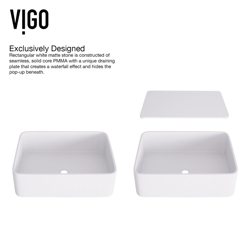 Matte Stone Jasmine Composite Rectangular Vessel Bathroom Sink in White with Faucet and Pop-Up Drain in Matte Black