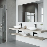 Matte Stone Wisteria Composite Oval Vessel Bathroom Sink in White with Niko Faucet and Pop-Up Drain in Matte Black