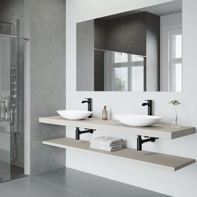 Matte Stone Wisteria Composite Oval Vessel Bathroom Sink in White with Niko Faucet and Pop-Up Drain in Matte Black