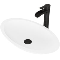 Matte Stone Wisteria Composite Oval Vessel Bathroom Sink in White with Niko Faucet and Pop-Up Drain in Matte Black