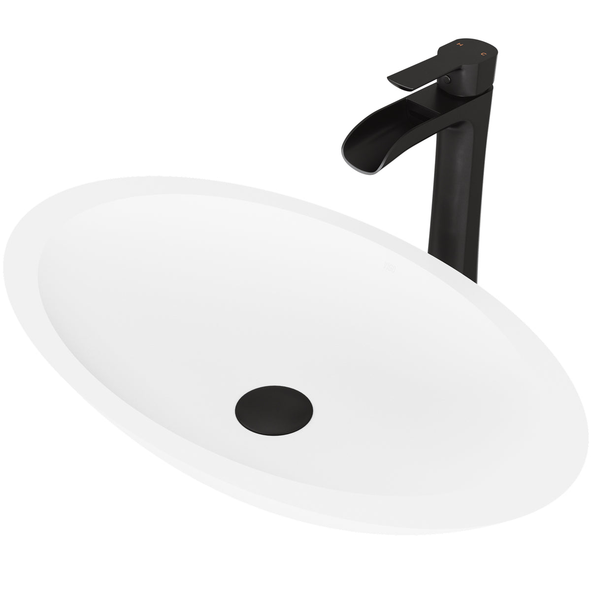Matte Stone Wisteria Composite Oval Vessel Bathroom Sink in White with Niko Faucet and Pop-Up Drain in Matte Black