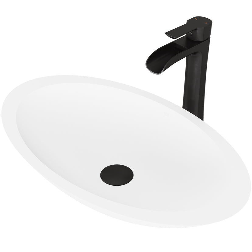 Matte Stone Wisteria Composite Oval Vessel Bathroom Sink in White with Niko Faucet and Pop-Up Drain in Matte Black